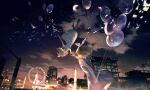  2girls balloon blonde_hair blue_eyes city city_lights clone clouds dress evening falling ferris_wheel hair_ribbon highres holding holding_balloon kagamine_rin lobelia_(saclia) looking_at_another multiple_girls night outdoors reaching reaching_out ribbon shoes short_hair sky smile thigh-highs upside-down vocaloid 