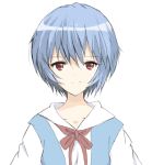  1girl ayanami_rei bangs blue_hair closed_mouth commentary_request core_(mayomayo) eyebrows_visible_through_hair hair_between_eyes highres looking_at_viewer neck_ribbon neon_genesis_evangelion red_eyes red_ribbon ribbon school_uniform shirt short_hair simple_background smile solo upper_body white_background white_shirt 