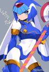  1girl android blue_eyes blue_hair bodysuit boots breasts gloves helmet highres holding holding_weapon leviathan_(mega_man) looking_at_viewer mega_man_(series) mega_man_zero polearm simple_background smile solo spear thigh-highs thigh_boots weapon 