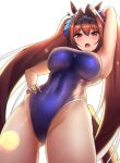  1girl animal_ears arm_up armpits bangs blue_swimsuit blush bow breasts brown_hair covered_navel daiwa_scarlet_(umamusume) eyebrows_visible_through_hair fang from_below hair_bow hair_intakes hand_on_hip highleg highleg_swimsuit highres horse_ears horse_girl jungtong large_breasts long_hair looking_at_viewer looking_down one-piece_swimsuit open_mouth red_bow red_eyes school_swimsuit simple_background skin_fang solo standing swimsuit thighs tiara twintails umamusume white_background 