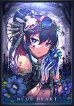  1girl bare_shoulders blue_blood blue_eyes blue_hair bracelet bug commentary_request detached_sleeves earrings english_text eyebrows_visible_through_hair facial_mark flower fur_collar gia gloves hair_between_eyes hair_flower hair_ornament half_gloves heart_(organ) highres insect jewelry looking_at_viewer midriff mixed-language_commentary original parted_lips ponytail skull_hair_ornament white_gloves 