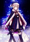  1girl applekun artoria_pendragon_(all) bag bangs black_legwear blue_cape blue_dress blue_footwear blue_gloves blue_headwear blurry blurry_background boots cape christmas_tree closed_mouth dress excalibur_morgan_(fate) fate/grand_order fate_(series) fur-trimmed_boots fur-trimmed_cape fur-trimmed_headwear fur_trim gift_bag gloves hair_between_eyes hat highres holding holding_bag holding_sword holding_weapon pantyhose santa_alter santa_hat short_dress short_hair silver_hair solo standing sword thigh-highs thigh_boots weapon yellow_eyes 