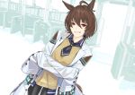  1girl agnes_tachyon_(umamusume) animal_ears brown_hair highres horse_ears horse_tail labcoat looking_at_viewer parted_lips red_eyes short_hair sleeves_past_fingers sleeves_past_wrists smile solo tail tanaka_hirotaka test_tube umamusume upper_body very_long_sleeves 