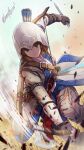  1girl arrow_(projectile) assassin&#039;s_creed_(series) assassin&#039;s_creed_iii axe bangs bow_(weapon) brown_eyes brown_gloves brown_hair coat connor_kenway connor_kenway_(cosplay) cosplay fingerless_gloves girls_und_panzer gloves highres holding holding_axe holding_knife hood hood_up hooded_coat knife long_sleeves nishizumi_miho shinmai_(kyata) short_hair solo tomahawk weapon white_coat 