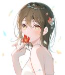  1girl bangs bare_shoulders breasts brown_hair english_commentary eyebrows_visible_through_hair falling_petals flower from_side hair_between_eyes hair_flower hair_ornament hand_up highres holding holding_flower leaf looking_at_viewer medium_breasts medium_hair miwano_ragu original petals red_flower smile solo upper_body white_background yellow_eyes 