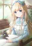  1girl alice_(wonderland) alice_in_wonderland animal_on_lap bangs black_cat blonde_hair blue_eyes blue_ribbon blue_shirt blurry blurry_background cat cat_on_lap chair commentary day dress eyebrows_visible_through_hair hair_ribbon hand_on_lap highres hoshiibara_mato indoors lace-trimmed_collar lace_trim light_particles light_rays long_hair long_sleeves looking_at_viewer original pinafore_dress ribbon shirt sitting smile solo sunbeam sunlight tree very_long_hair white_dress window 