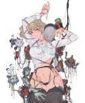  1girl arms_up black_legwear black_panties breast_grab breasts cowboy_shot earrings elliemaplefox grabbing grabbing_from_behind hand_under_clothes highres jewelry large_breasts light_brown_hair mechanical_arms navel original panties robot see-through_shirt tattoo thigh-highs underwear white_background 
