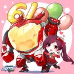  1girl balloon black_hair blush chibi children&#039;s_day eyebrows_visible_through_hair firefox_(smc) frown headpat heart highres logo mecha ning_(smc) number official_art red_eyes simple_background super_mecha_champion thigh-highs twintails uniform 