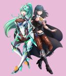  2girls absurdres bangs blue_eyes blue_hair breasts byleth_(fire_emblem) byleth_eisner_(female) cape chest_jewel crossover earrings fire_emblem fire_emblem:_three_houses gloves green_eyes green_hair high_heels highres jarckius jewelry large_breasts long_hair medium_hair multiple_girls navel pantyhose pneuma_(xenoblade) ponytail simple_background swept_bangs tiara very_long_hair xenoblade_chronicles_(series) xenoblade_chronicles_2 