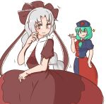  2girls ;q bangs blue_dress blue_headwear blush bow braid brown_bow brown_dress brown_ribbon closed_mouth constellation_print cosplay costume_switch dress eyebrows_visible_through_hair frilled_ribbon frills front_ponytail green_eyes green_hair grey_eyes hair_bow hat holding holding_syringe kagiyama_hina kagiyama_hina_(cosplay) long_hair looking_at_another looking_at_viewer mizusoba multicolored multicolored_clothes multicolored_dress multiple_girls nurse_cap one_eye_closed red_cross red_dress ribbon short_sleeves simple_background single_braid smile standing star_(symbol) sweatdrop syringe tongue tongue_out touhou trigram white_background yagokoro_eirin yagokoro_eirin_(cosplay) 