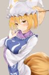  1girl 258n animal_ears arm_under_breasts blonde_hair blush breasts chopsticks dress food fox_ears fox_tail grey_background hand_up hat highres large_breasts looking_at_viewer multiple_tails pillow_hat short_hair simple_background solo tabard tail touhou upper_body v-shaped_eyebrows wavy_mouth white_dress yakumo_ran 