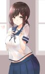  1girl absurdres alternate_breast_size blush breasts brown_eyes brown_hair commentary_request fubuki_(kancolle) hair_ornament hairclip heart highres kantai_collection large_breasts long_hair looking_at_viewer ponytail saku_(kudrove) school_uniform serafuku skirt smile solo 