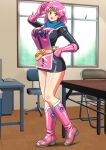 bare_legs black_dress blue_neckwear boots chair commentary_request cosplay day dragon_quest dragon_quest_dai_no_daibouken dress elbow_gloves enkaboots gloves hand_on_hip headband highres indoors keyboard_(computer) knee_boots looking_at_viewer maam maam_(cosplay) medium_hair monitor pink_dress pink_footwear pink_gloves pink_hair red_eyes smile table tile_floor tiles window 