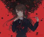  1girl bangs black_hair black_shirt blunt_bangs flower hair_ribbon hands_up highres leaf long_hair long_sleeves looking_at_viewer nashiko_(nanaju_ko) original plant red_background red_eyes red_flower red_ribbon ribbon shirt solo upper_body 