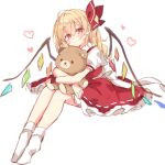  1girl absurdres ahoge blonde_hair blush bow dress flandre_scarlet frilled_dress frills full_body hair_between_eyes hair_bow heart highres long_hair object_hug paragasu_(parags112) red_dress red_wristband shirt simple_background sketch solo stuffed_animal stuffed_toy teddy_bear touhou white_background white_bow white_legwear white_shirt wings 