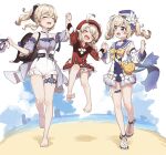  3girls :d ^_^ absurdres ahoge bangs barbara_pegg bare_shoulders beach beret black_bow blonde_hair bloomers blue_footwear blue_headwear blue_sailor_collar blue_sleeves blue_swimsuit blush bow breasts casual_one-piece_swimsuit closed_eyes commentary_request covered_navel detached_sleeves dress eyebrows_visible_through_hair flower genshin_impact hair_bow hat high-waist_shorts highres holding_hands jean_gunnhildr klee_(genshin_impact) long_sleeves medium_breasts multiple_girls one-piece_swimsuit open_mouth ponytail puffy_short_sleeves puffy_sleeves red_dress sailor_collar sailor_dress sand sandals shoes_removed short_shorts short_sleeves shorts smile swimsuit twintails underwear walking water white_background white_bloomers white_dress white_flower white_shorts white_sleeves yukie_(kusaka_shi) 