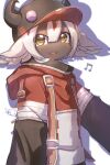  1girl alternate_costume bandam baseball_cap black_skin brown_eyes colored_skin eyebrows_visible_through_hair faputa furry hat highres long_sleeves looking_at_viewer made_in_abyss musical_note solo teeth upper_teeth white_hair 