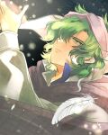  1boy artist_request bandana feathers fire_emblem fire_emblem:_genealogy_of_the_holy_war green_eyes green_hair hair_over_one_eye hand_up highres lewyn_(fire_emblem) light_particles light_rays long_hair looking_up male_focus messy_hair portrait scarf wavy_hair 