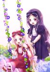  2girls 54hao :d black_bow black_dress black_hair blonde_hair blue_flower bow dress flower forehead hair_bow highres hydrangea long_hair multiple_girls open_mouth original pantyhose puffy_short_sleeves puffy_sleeves purple_flower red_bow red_dress short_sleeves siblings sitting smile standing striped striped_legwear swing twins very_long_hair violet_eyes white_background white_flower white_hair wrist_cuffs 