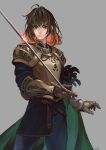  1girl armor belt breastplate brown_hair cape closed_mouth feathers gauntlets green_cape green_eyes grey_background highres holding holding_sword holding_weapon knight looking_at_viewer medium_hair nishiki_areku original pauldrons shoulder_armor signature simple_background smile solo sword vambraces weapon 