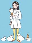  1girl bird black_eyes black_hair blue_background cherry dress duck eyeshadow food fruit full_body hairband highres hoppe_illust ice_cream_cone long_hair long_sleeves makeup original red_footwear sandals simple_background solo standing waffle_cone white_dress yellow_hairband yellow_legwear 