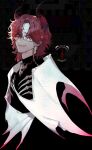  1boy animal_skull black_shirt closed_mouth dragon_wings fangs fangs_out glasses highres horns looking_at_viewer male_focus medium_hair original pigeon666 pointy_ears redhead shirt smile solo wings 