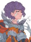  1girl broken_helmet cuts elliemaplefox hand_up injury looking_at_viewer original parted_lips profile purple_hair short_hair simple_background solo spacesuit white_background white_eyes 