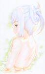  1girl bangs blunt_bangs blush breasts genshin_impact highres jerry_(pixiv69362359) kamisato_ayaka mole mole_under_eye nude partially_submerged profile shoulder_blades sideboob silver_hair simple_background small_breasts solo tied_hair upper_body white_background 