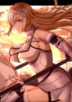  1girl absurdres armor armored_dress bangs bare_shoulders blonde_hair blue_eyes breasts chain closed_mouth dual_wielding elbow_gloves eyebrows_visible_through_hair fate/apocrypha fate/grand_order fate_(series) flag flagpole from_side gloves headpiece highres holding holding_flag jeanne_d&#039;arc_(fate) jeanne_d&#039;arc_(fate)_(all) large_breasts long_hair outdoors solo thigh-highs toukan 
