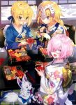  3girls ahoge artoria_pendragon_(all) bangs blonde_hair blue_eyes braid braided_ponytail cup fate/apocrypha fate/grand_order fate/stay_night fate_(series) glasses hair_between_eyes headpiece japanese_clothes jeanne_d&#039;arc_(fate) jeanne_d&#039;arc_(fate)_(all) kimono long_hair looking_at_viewer mash_kyrielight multiple_girls new_year official_art open_mouth pot pouring purple_hair ribbon saber shirabi short_hair sitting smile violet_eyes 