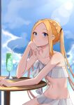  1girl abigail_williams_(fate) abigail_williams_(swimsuit_foreigner)_(fate) absurdres bangs bare_shoulders bikini blonde_hair blue_eyes blue_sky braid breasts crown_braid cup drinking_glass fate/grand_order fate_(series) forehead highres long_hair miniskirt navel parted_bangs pillow_(blackpirou) sidelocks sitting skirt sky small_breasts smile swimsuit table twintails very_long_hair white_bikini 