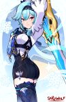  1girl absurdres arms_up artist_name ass blue_hair blue_neckwear breasts center_opening eula_lawrence genshin_impact hairband highres holding holding_sword holding_weapon leotard long_sleeves looking_at_viewer sarukaiwolf sword thigh-highs weapon 