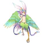  1girl armlet bare_shoulders bird_legs bird_tail blue_hair blue_pupils breasts carol_(clover_theater) clover_theater feather_hair_ornament feathered_wings feathers gradient_hair green_feathers green_wings hair_ornament harpy headdress heart-shaped_gem monster_girl multicolored_hair navel observerz official_art open_mouth pink_eyes pink_feathers pink_hair revealing_clothes small_breasts solo tail_feathers talons winged_arms wings yellow_feathers 