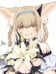  1girl animal_ear_fluff animal_ears arknights bare_shoulders black_collar blonde_hair blue_hairband braid collar commentary dress earpiece flower fox_ears green_eyes hair_over_eyes hairband holding holding_flower infection_monitor_(arknights) longmoon0909 looking_at_viewer oripathy_lesion_(arknights) simple_background smile solo suzuran_(arknights) upper_body white_background white_dress white_flower 