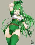  1girl armor ashita_yaru bangs belt belt_buckle breastplate buckle erinys_(fire_emblem) fire_emblem fire_emblem:_genealogy_of_the_holy_war gloves green_eyes green_hair holding holding_weapon long_hair looking_at_viewer shoulder_armor simple_background solo thigh-highs thighs weapon 