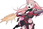  1girl axe belt black_dress black_footwear black_legwear boots breasts byuub commentary cowboy_shot detached_sleeves dress english_commentary fire_emblem fire_emblem:_three_houses freikugel_(weapon) gloves hilda_valentine_goneril holding holding_axe long_hair looking_at_viewer medium_breasts open_mouth pink_gloves pink_hair ponytail red_eyes simple_background solo teeth thigh-highs thigh_boots underbust white_background 