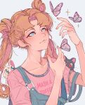  1girl artemis_(sailor_moon) bangs bishoujo_senshi_sailor_moon blonde_hair blue_eyes blue_overalls bug butterfly elliemaplefox hands_up highres insect long_hair luna_(sailor_moon) parted_bangs pink_shirt print_shirt shirt short_sleeves simple_background smile sparkle tsukino_usagi twintails upper_body white_background 
