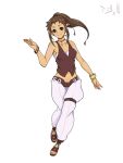  1girl bracelet brown_footwear brown_hair brown_shirt character_request commentary_request grey_eyes hidekichi_(09075470338) highres jewelry looking_at_viewer midriff pants ponytail sandals shirt sleeveless sleeveless_shirt smile solo standing tachi-e tank_top thigh_strap white_background white_pants zoids zoids_genesis 