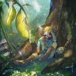 1boy bangs belt blonde_hair blue_tunic blurry blush boots brown_belt brown_footwear brown_gloves closed_eyes commentary fingerless_gloves gloves grass hanenbo head_rest highres korok link male_focus outdoors pants parted_lips sheath shield signature sitting sleeping sword the_legend_of_zelda the_legend_of_zelda:_breath_of_the_wild tree weapon