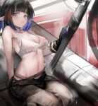  1girl arknights bare_arms bare_shoulders black_gloves black_hair black_pants blue_eyes breasts crop_top crop_top_overhang eunectes_(arknights) eunectes_(forgemaster)_(arknights) expressionless gloves gnai gradient_hair highres looking_at_viewer medium_breasts midriff multicolored_hair navel no_bra pants pointy_ears shirt short_hair sitting sleeveless sleeveless_shirt solo stomach torn_clothes torn_shirt white_shirt 