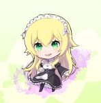  1girl bangs black_dress black_footwear blonde_hair boots breasts chibi commentary_request dress eyebrows_visible_through_hair eyelashes frederica_baumann full_body green_eyes hair_between_eyes long_sleeves looking_at_viewer maid maid_headdress mojamoja_aa neck_ribbon open_mouth outline re:zero_kara_hajimeru_isekai_seikatsu ribbon roswaal_mansion_maid_uniform sharp_teeth shiny shiny_hair smile solo teeth thigh-highs thigh_boots tongue tray 