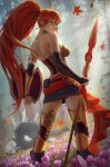  1girl armband armor artist_name back belt belt_buckle breasts buckle day english_commentary hair_between_eyes highres holding holding_spear holding_weapon leaf long_hair looking_at_viewer maple_leaf medium_breasts miniskirt outdoors patreon_username polearm ponytail pyrrha_nikos redhead rwby skirt solo spear standing thigh-highs tree watermark weapon zarory 