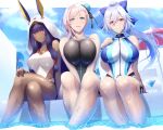  3girls :d animal_ears bangs bare_arms bare_legs bare_shoulders beach_umbrella between_legs black_swimsuit blue_bow blue_eyes blue_swimsuit blunt_bangs blush bow breast_squeeze breasts bun_cover closed_mouth collarbone competition_swimsuit crossed_legs cup dark-skinned_female dark_skin day drink drinking_glass earrings ears_through_headwear eyebrows_visible_through_hair fate/grand_order fate_(series) hair_between_eyes hair_bow hand_between_legs hand_on_own_chest hand_on_own_knee high_ponytail highres hoop_earrings jackal_ears jewelry large_breasts lens_flare long_hair looking_at_viewer medjed_(fate) miyamoto_musashi_(fate) miyamoto_musashi_(swimsuit_berserker)_(fate) multiple_girls necklace nitocris_(fate) nitocris_(swimsuit_assassin)_(fate) one-piece_swimsuit open_mouth outdoors pink_hair pool purple_hair red_eyes shiroshisu sidelocks silver_hair smile soaking_feet swept_bangs swimsuit thigh_strap tomoe_gozen_(swimsuit_saber)_(fate) umbrella very_long_hair violet_eyes water white_swimsuit 