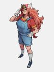  1girl android_21 blue_eyes blue_footwear cosplay dr._slump dragon_ball dragon_ball_fighterz earrings glasses gloves grey_background hair_between_eyes hand_in_pocket hat hoop_earrings jewelry kemachiku long_hair looking_at_viewer norimaki_arale norimaki_arale_(cosplay) overalls pink_headwear redhead shoes short_sleeves simple_background socks solo standing white_gloves 