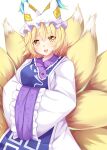  1girl :d animal_ears blonde_hair breasts commentary_request dress fox_ears fox_tail hands_in_opposite_sleeves hat large_breasts light_blush looking_at_viewer merxkialis multiple_tails open_mouth pillow_hat short_hair simple_background smile solo tabard tail tassel touhou upper_body white_background white_dress yakumo_ran yellow_eyes 