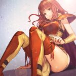  1girl armor bandaged_arm bandages bangs bloom blunt_bangs blurry blurry_background bokeh breastplate cape celica_(fire_emblem) closed_mouth depth_of_field feet_out_of_frame fire_emblem fire_emblem_echoes:_shadows_of_valentia fire_emblem_gaiden fire_emblem_heroes furikawa_arika gradient gradient_background grey_background hand_on_thigh high_collar highres lens_flare light_particles long_hair motion_blur pauldrons pelvic_curtain red_eyes redhead ribbon shin_guards shoulder_armor sitting sleeveless solo strap thigh-highs thighs 