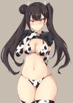  1girl animal_print asymmetrical_hair bikini black_bikini black_hair black_shirt blush breasts brown_eyes clothes_lift commentary_request cow_print elbow_gloves fake_horns girls_frontline gloves grey_background hair_bun highres horns looking_at_viewer medium_breasts navel nose_blush ouroboros_(girls_frontline) print_bikini print_gloves print_legwear sangue_llia sangvis_ferri shirt shirt_lift solo sweatdrop swimsuit thigh-highs twintails two-tone_bikini two-tone_gloves white_bikini 