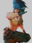  1girl abs ammunition_pouch armlet bare_shoulders belt blue_eyes blue_hair breasts camouflage camouflage_pants dog_tags earrings eyes gloves jewelry large_breasts leona_heidern midriff military military_uniform mojyavoltage6 muscular muscular_female pants ponytail pouch sleeveless solo squatting tank_top the_king_of_fighters the_king_of_fighters_xiv the_king_of_fighters_xv triangle_earrings uniform yellow_tank_top 