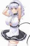 1girl apron armpits azur_lane black_headwear black_skirt breasts center_frills clothing_cutout dido_(azur_lane) earrings eyebrows_visible_through_hair frilled_shirt frills hairband hands_in_hair highres huge_breasts jewelry long_hair looking_at_viewer red_eyes shirt simple_background skindentation skirt sleeveless sleeveless_shirt solo thigh-highs under_boob underboob_cutout waist_apron wejil white_apron white_background white_legwear white_shirt zettai_ryouiki 