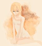  1girl barefoot blonde_hair blue_eyes breasts closed_mouth collarbone dress feet groin highres kingdom_hearts kingdom_hearts_ii long_hair looking_to_the_side namine pasuta0830 simple_background solo white_dress 
